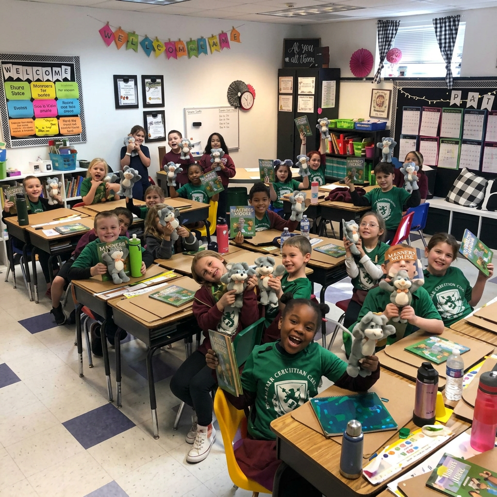 A classroom full of children holding Manners Mouse books and plush mice